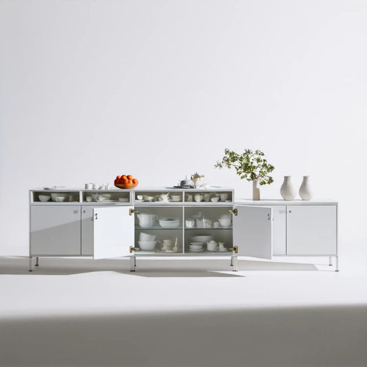 Zestaw 3 białych kredensów z przeszkleniami MDF i szkłem hartowanym 360 × 40 × 85 cm