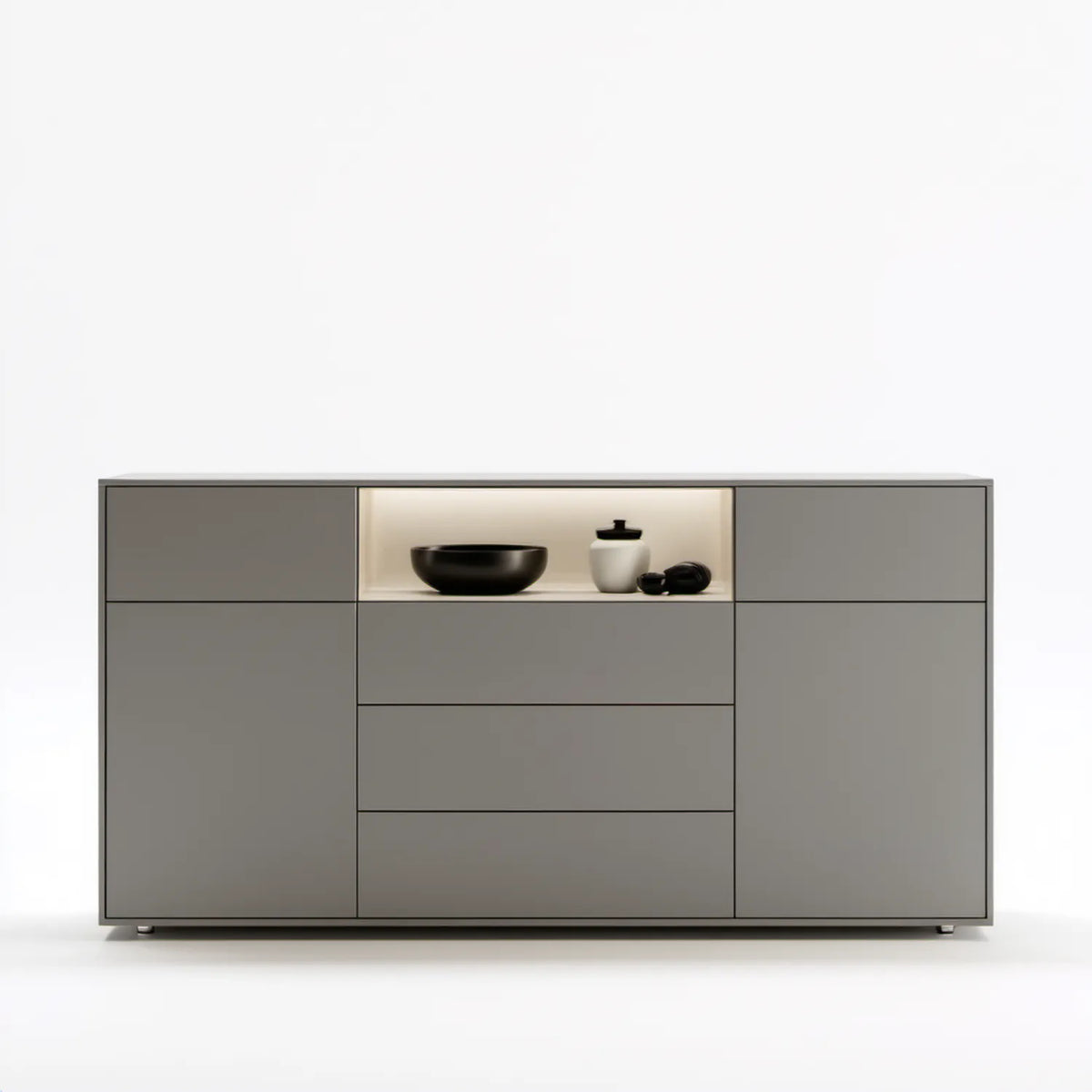 Szary kredens MDF z 2 drzwiami, 3 szufladami i podświetlaną wnęką LED, 160 x 40 x 90 cm