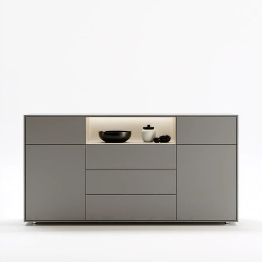 Szary kredens MDF z 2 drzwiami, 3 szufladami i podświetlaną wnęką LED, 160 x 40 x 90 cm