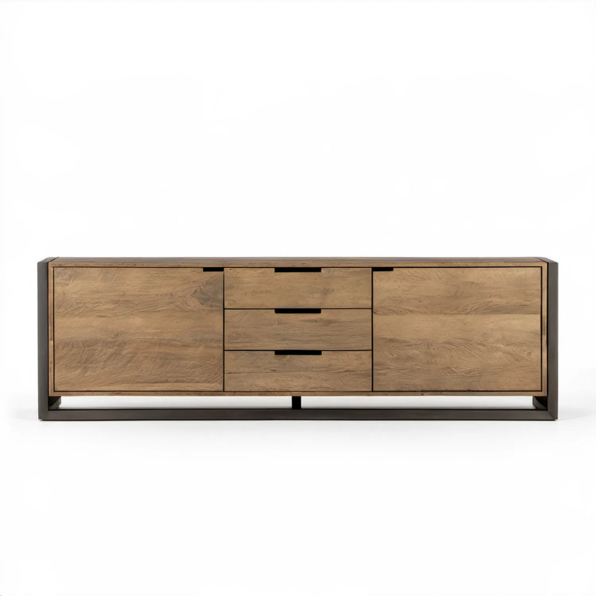 Kredens z 2 drzwiami i 3 szufladami, naturalny dąb/czarny, 180 x 45 x 85 cm, MDF, fornir dębowy, stal