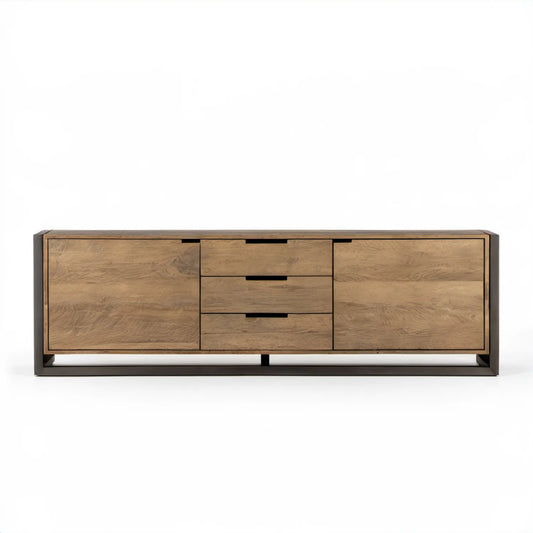 Kredens z 2 drzwiami i 3 szufladami, naturalny dąb/czarny, 180 x 45 x 85 cm, MDF, fornir dębowy, stal