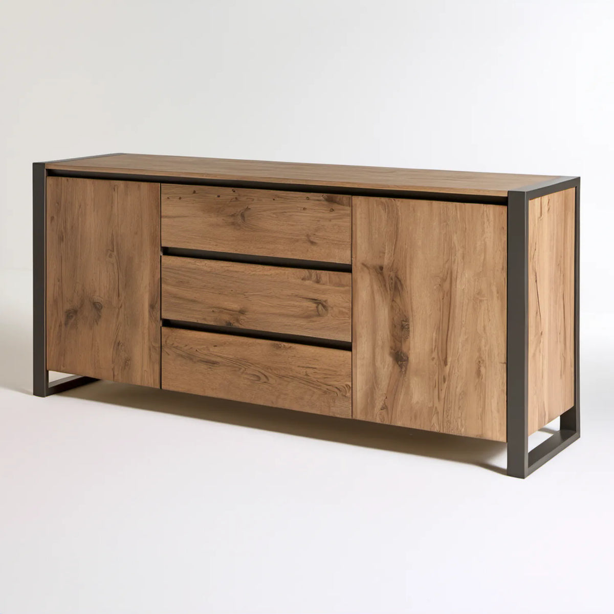 Kredens loftowy z litego dębu i czarnej stali, 2 drzwi i 3 szuflady, 160 × 45 × 90 cm