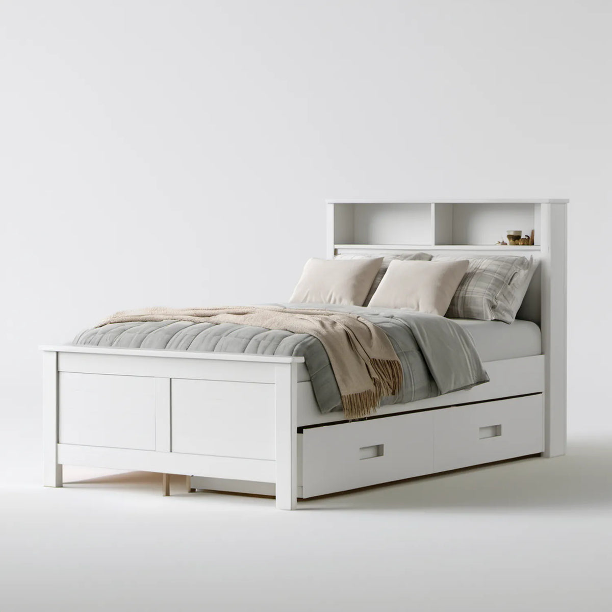 Białe łóżko 160 x 200 cm z 2 szufladami i półkami, MDF i płyta laminowana